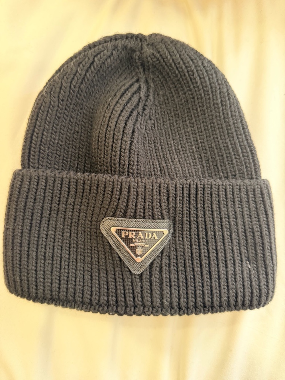 Prada Black Ribbed Knit Beanie with Triangle Logo Patch